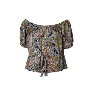 Primark Brown and Green Puff Sleeve Peplum Blouse